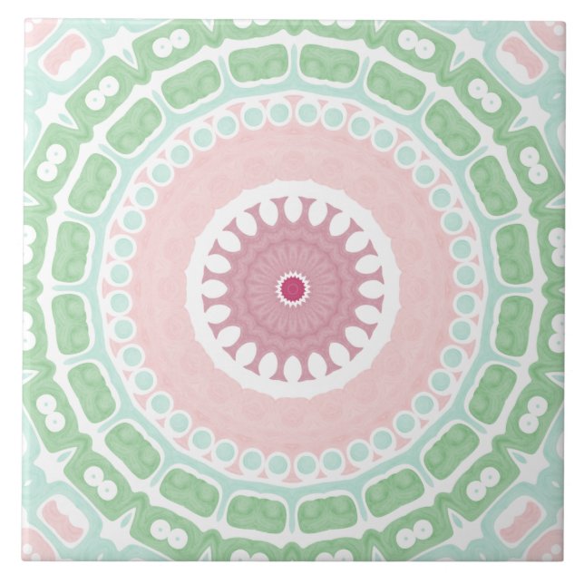Mint and Pink Decorative Mandala Ceramic Tile (Front)
