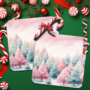 Mint and Pink Fir Trees Winter Scene Coaster