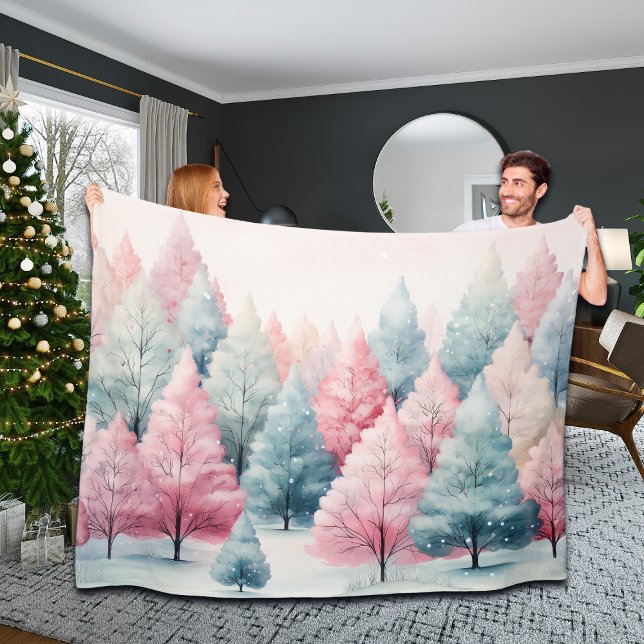 Mint and Pink Fir Trees Winter Scene Fleece Blanket (Creator Uploaded)