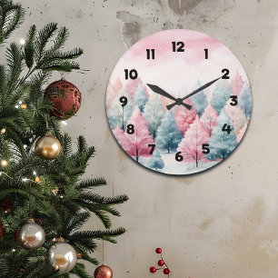 Mint and Pink Fir Trees Winter Scene Large Clock