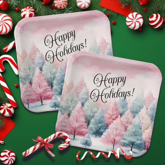 Mint and Pink Fir Trees Winter Scene  Paper Plate (Creator Uploaded)