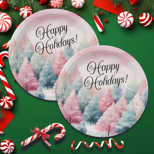Mint and Pink Fir Trees Winter Scene Paper Plate (Creator Uploaded)