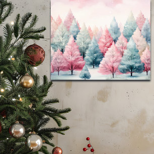 Mint and Pink Fir Trees Winter Scene Poster
