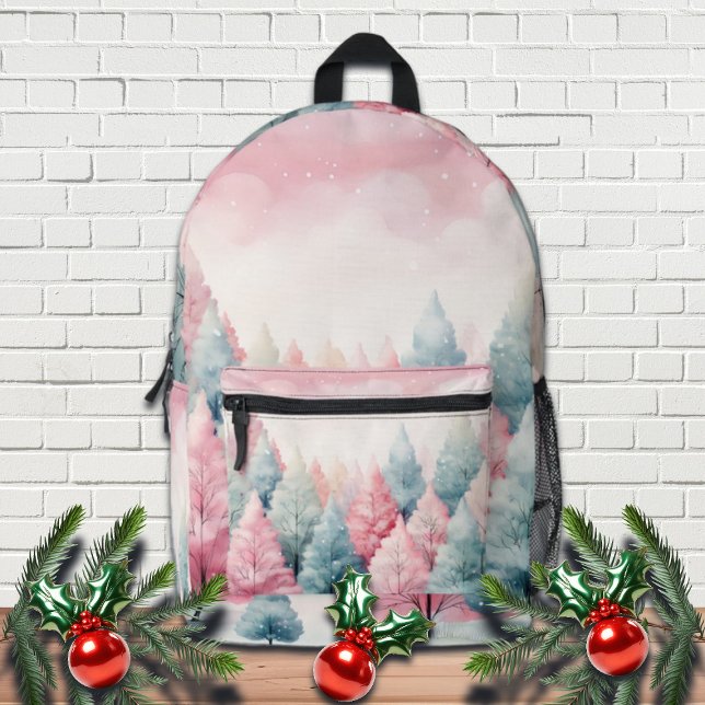 Mint and Pink Fir Trees Winter Scene Printed Backpack (Creator Uploaded)