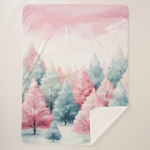 Mint and Pink Fir Trees Winter Scene Sherpa Blanket