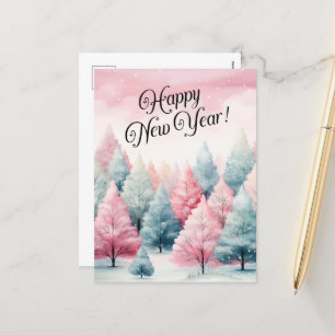 Mint and Pink Fir Trees Winter Scene Winter Holiday Postcard