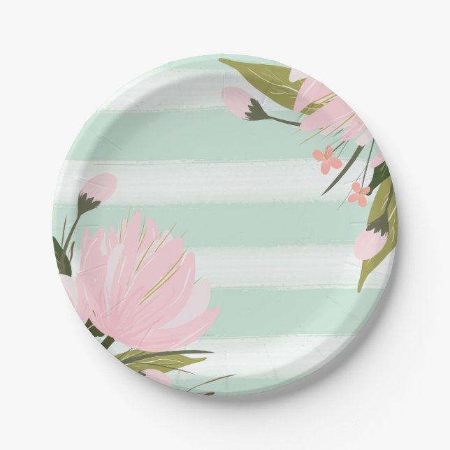 Mint and Pink Floral Paper Plate (Front)