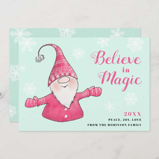 Mint and Pink Fun Gnome Believe in Magic Christmas Holiday Card (Front/Back)