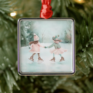 Mint and Pink Girls Skating - Winter Scene Metal Ornament