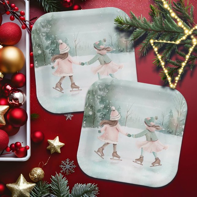 Mint and Pink Girls Skating - Winter Scene Paper Plate (Creator Uploaded)