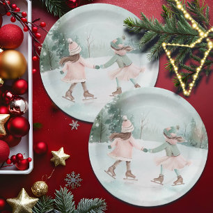 Mint and Pink Girls Skating - Winter Scene Paper Plate