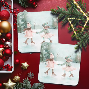 Mint and Pink Girls Skating - Winter Scene Square Paper Coaster
