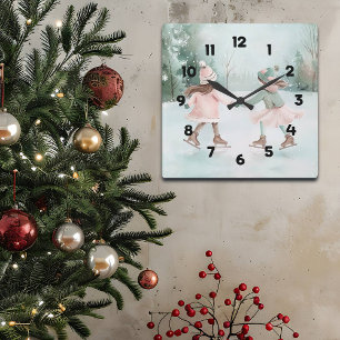 Mint and Pink Girls Skating - Winter Scene Square Wall Clock