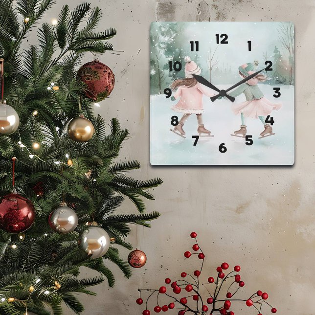 Mint and Pink Girls Skating - Winter Scene Square Wall Clock (Creator Uploaded)