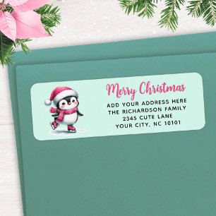 Mint and Pink Ice Skating Penguin Merry Christmas Return Address Label