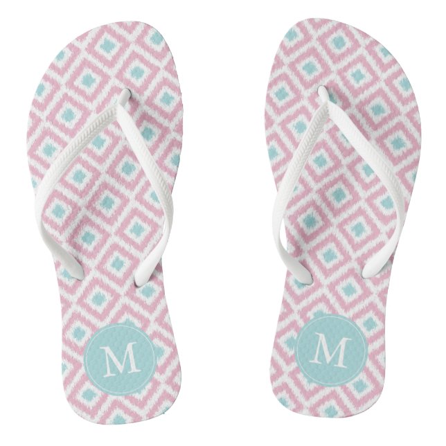 Mint and Pink Ikat Pattern Monogram Thongs (Footbed)