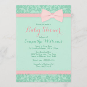 Mint and Pink Lace and Bow Baby Shower Invitation