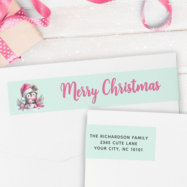 Mint and Pink Merry Christmas Cute Penguin Address Wrap Around Label (Creator Uploaded)