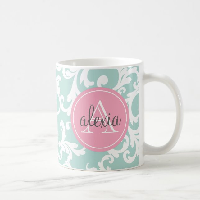 Mint and Pink Monogrammed Damask Print Coffee Mug (Right)