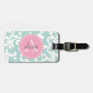 Mint and Pink Monogrammed Damask Print Luggage Tag