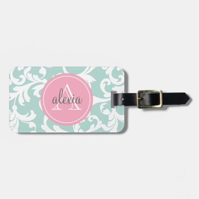 Mint and Pink Monogrammed Damask Print Luggage Tag (Front Horizontal)