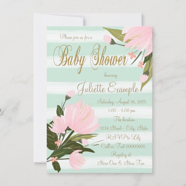Mint and Pink Stripe Baby Shower Invitation (Front)