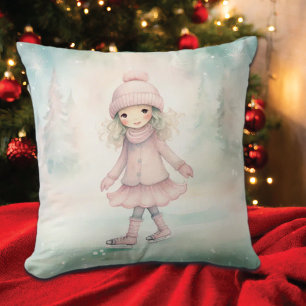Mint and Pink Winter Scene Girl Skating Cushion