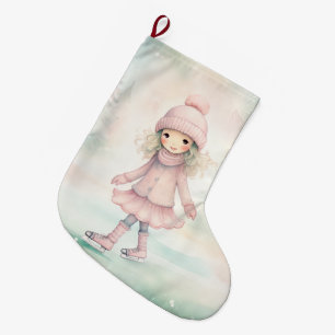 Mint and Pink Winter Scene Girl Skating Large Christmas Stocking