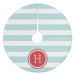 Mint and Red Preppy Stripes Monogram Fleece Tree Skirt