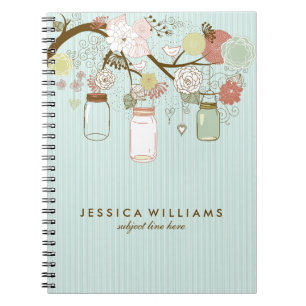 Mint And  Retro Flowers & Mason Jars Notebook