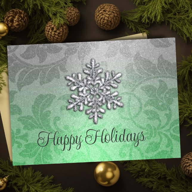 Mint and Silver Shimmer Damask Holiday Card (Creator Uploaded)
