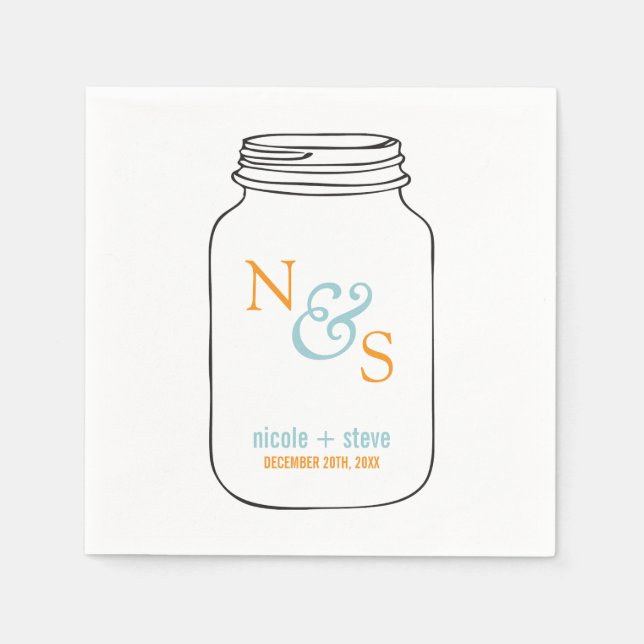 Mint and Tangerine Mason Jar Monogrammed Wedding Napkin (Front)