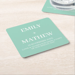 MINT AND WHITE CUSTOM NAME SIMPLE STYLISH WEDDING SQUARE PAPER COASTER