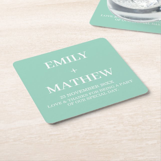 MINT AND WHITE CUSTOM NAME SIMPLE STYLISH WEDDING SQUARE PAPER COASTER (Angled)