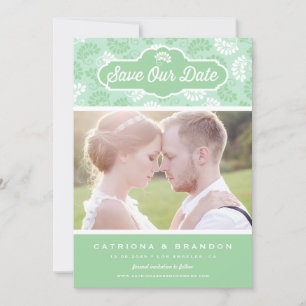 Mint and White Floral Pattern Photo Save Our Date Invitation