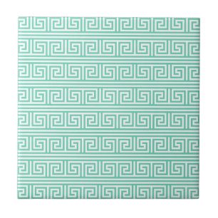 Mint and White Greek Key Pattern Ceramic Tile