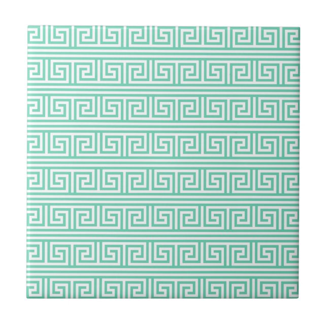 Mint and White Greek Key Pattern Ceramic Tile (Front)