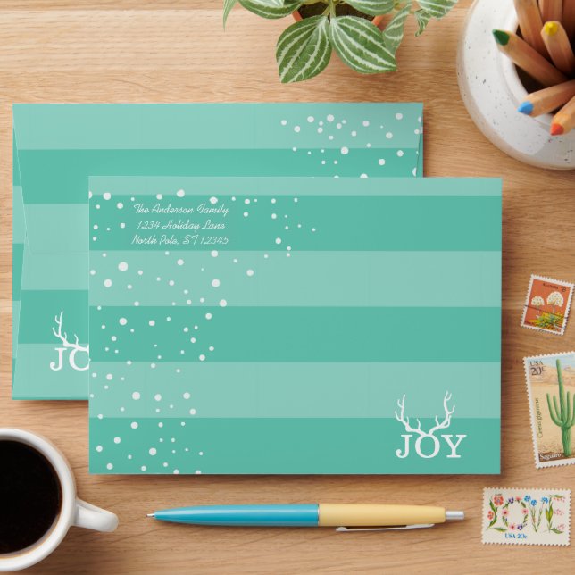 Mint and White Joy Deer Antlers Merry Christmas Envelopes (Desk)