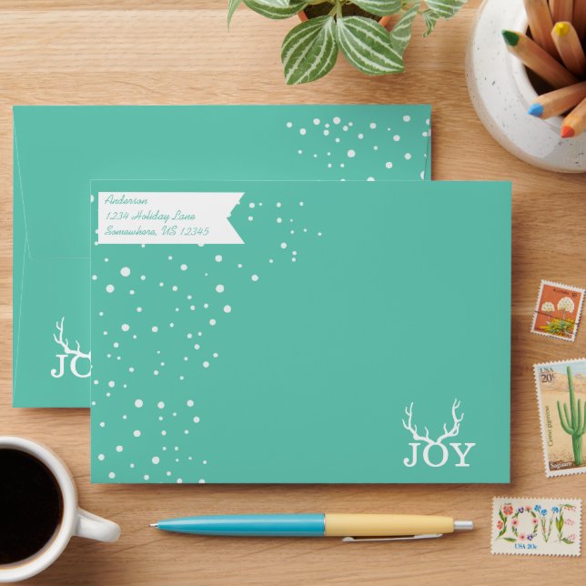 Mint and White Joy Deer Antlers Merry Christmas Envelopes (Desk)