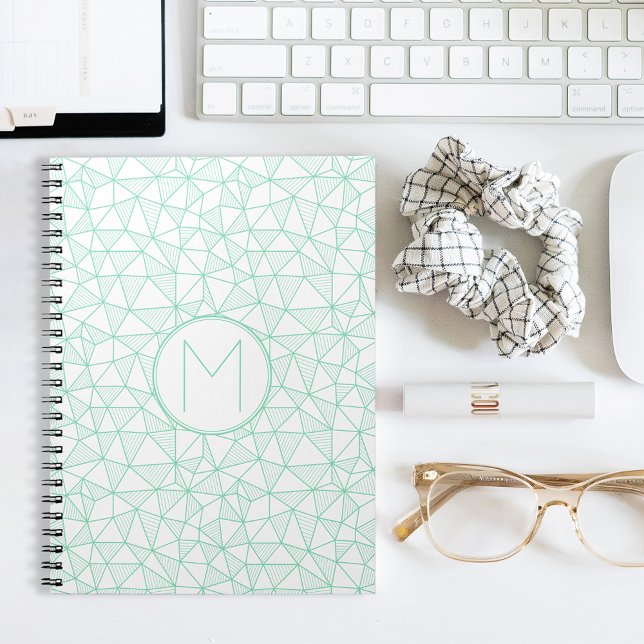 Mint and White Modern Geometric Pattern Monogram Notebook (Creator Uploaded)
