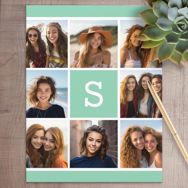 Mint and White Photo Collage Monogram Stationery (Personalized Stationery)