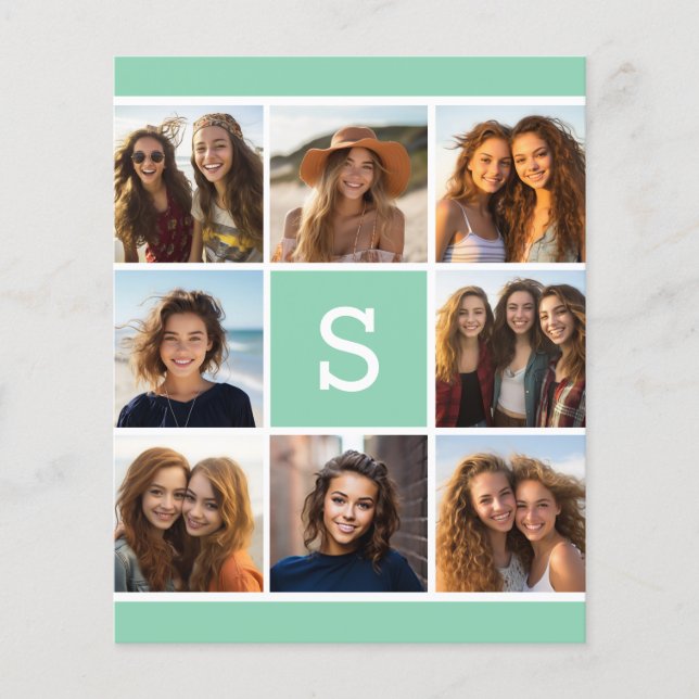 Mint and White Photo Collage Monogram Stationery (Front)