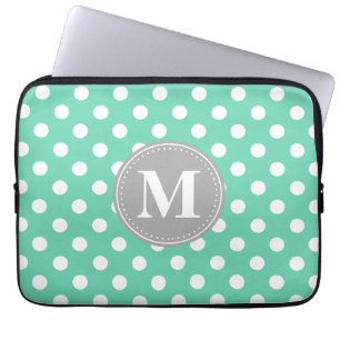 Mint and White Polka Dots Grey Monogram Laptop Sleeve