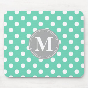 Mint and White Polka Dots Grey Monogram Mouse Pad