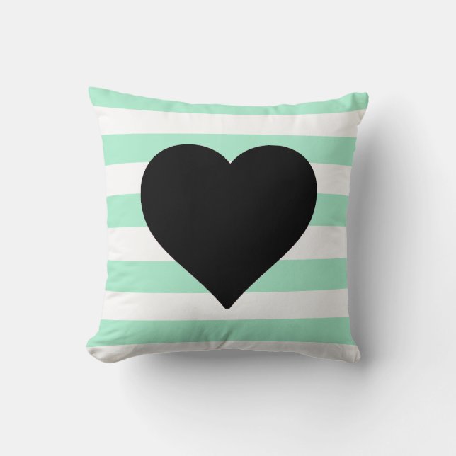 Mint and White Striped Black Heart Throw Pillow (Front)