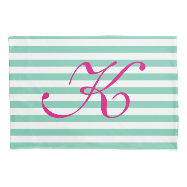Mint and white striped pink monogrammed pillowcase (Front)