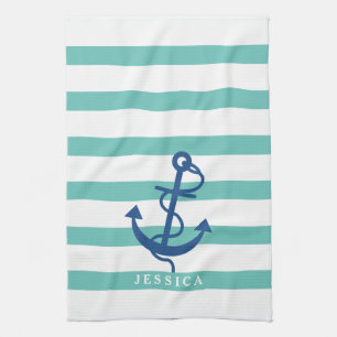 Mint And White Stripes Blue Nautical Anchor 2 Tea Towel