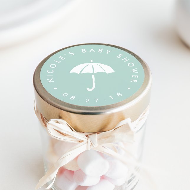 Mint and White Umbrella Baby Shower Classic Round Sticker (Creator Uploaded)