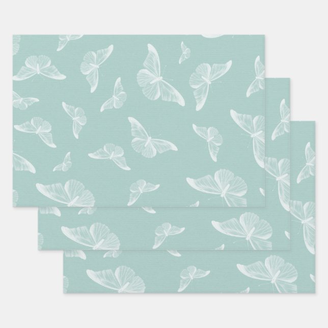 Mint and White Vintage Butterflies Wrapping Paper Sheet (Set)