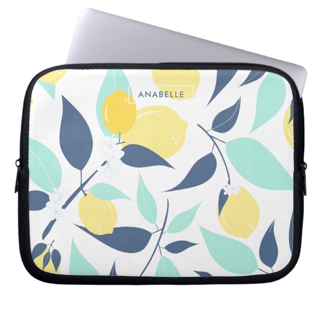 Mint and Yellow Lemons Pattern Laptop Sleeve (Front)